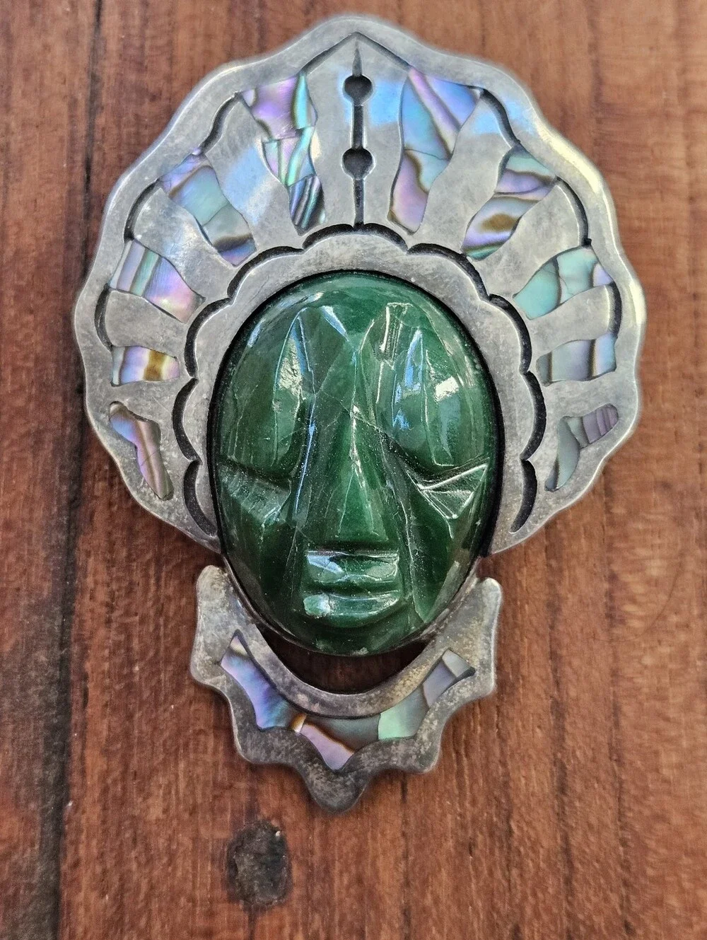Vintage Cheo Taxco Sterling Silver Carved Stone Face Pendant Brooch MCM